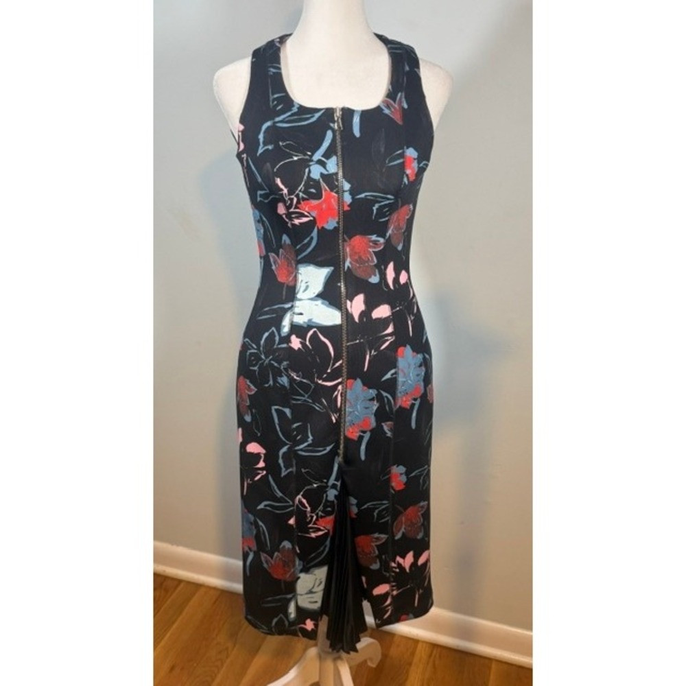 SUNO Floral Zip Front Dress Size 0 Black Pleated Underlayer CFDA Midi Bodycon